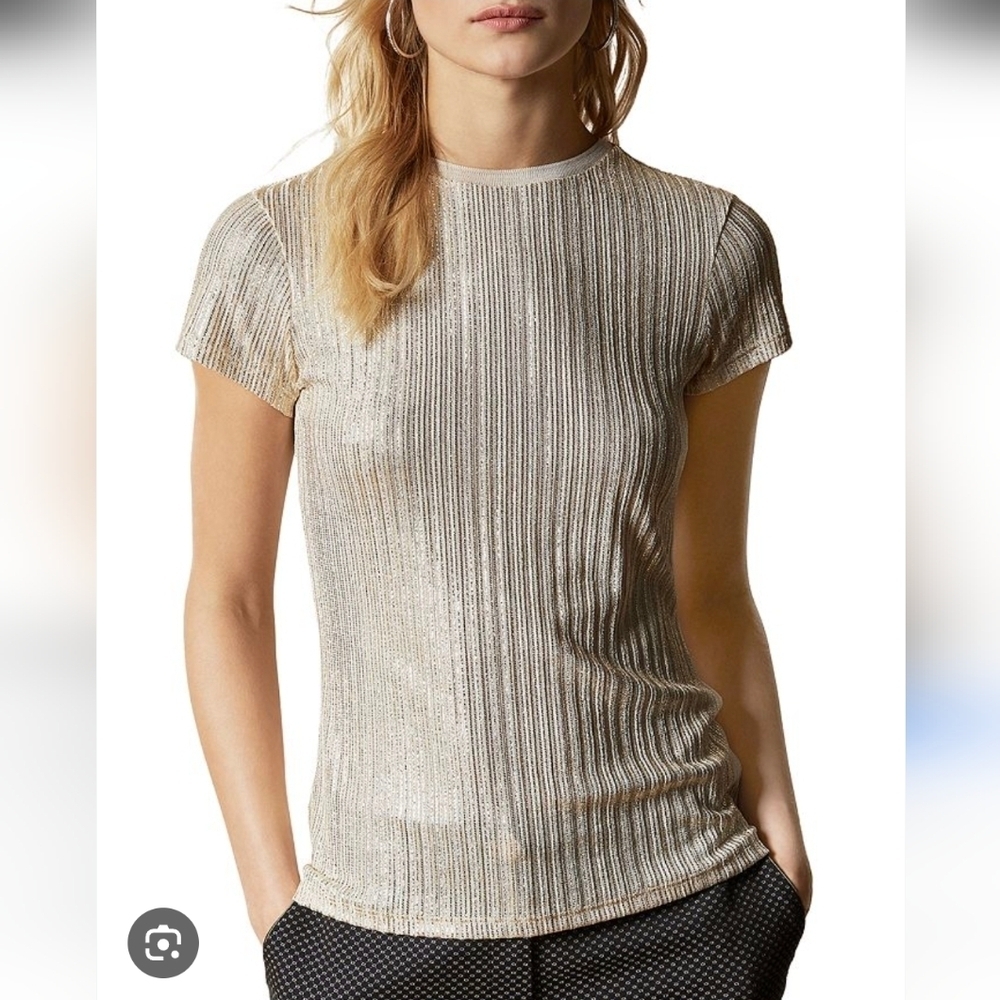 Ted Baker Top Size 5/12 Blouse Cap Sleeve Scoop Neck Ribbed Shimmer Beige